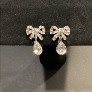 Silver Bow Drop Teardrop Crystal Earrings